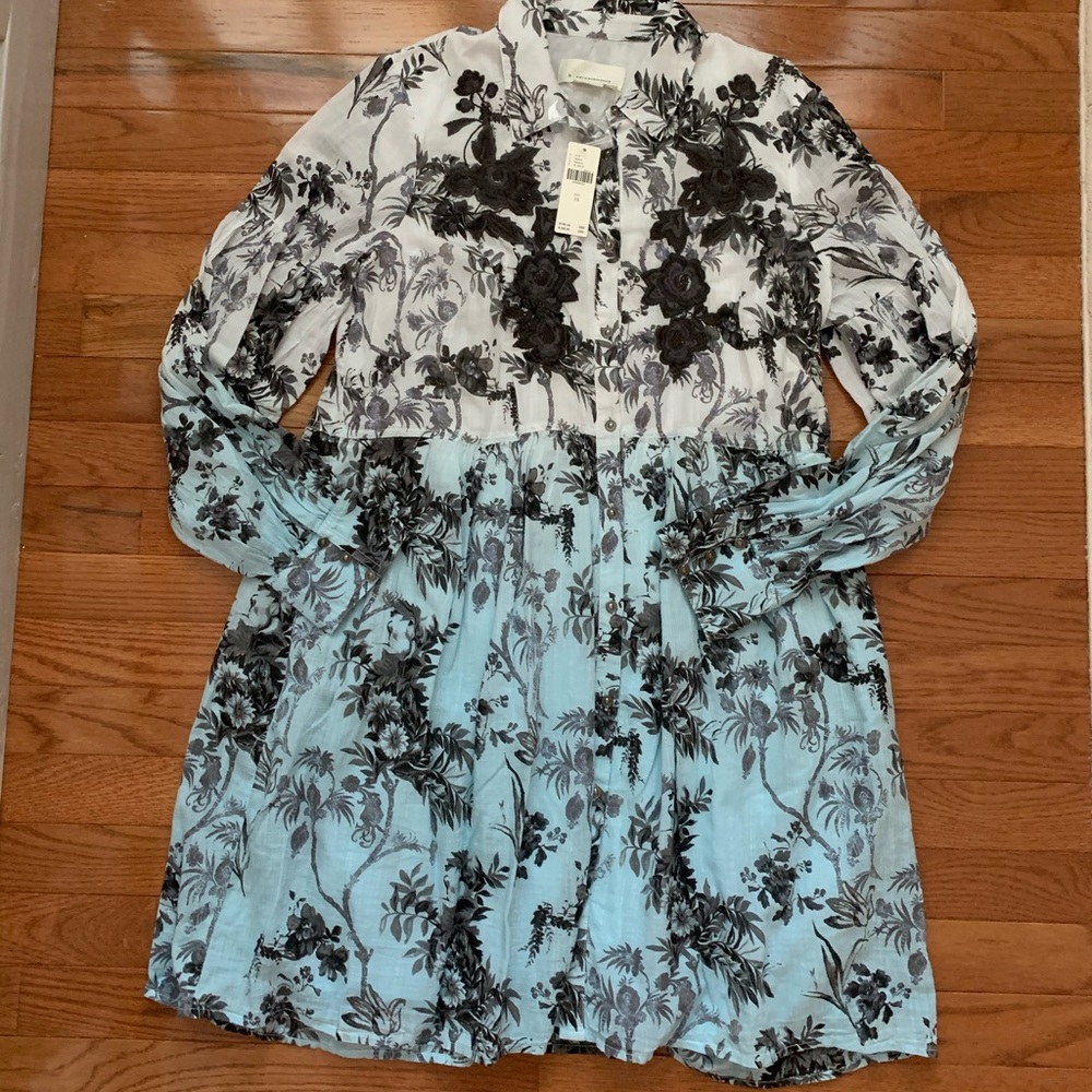 Anthropologie Two-Tone Black Floral Mini Dress in White and Light Blue